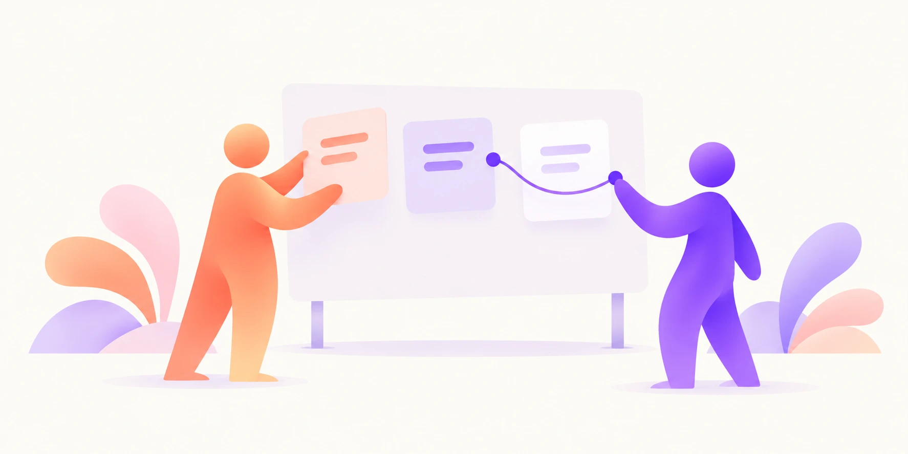 Two faceless, gender-neutral companions organize connected work cards together.